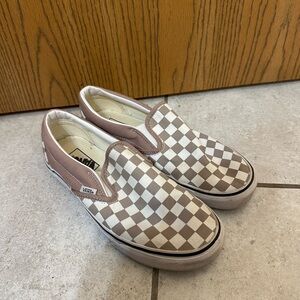 Vans Tan and White Checkered Slip-On Sneakers